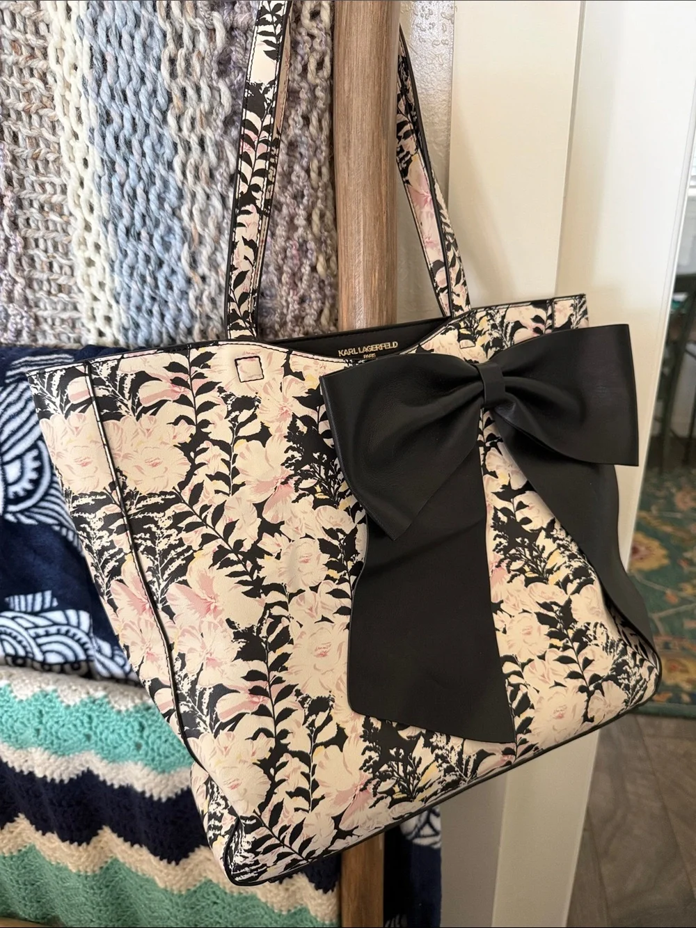 Karl Lagerfeld Black and Pink Floral Tote with Signature Bow